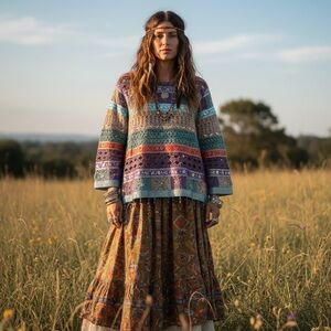 Vintage Boho Patchwork Hippie Beaded Sz L Relaxed Crochet Knit Sweater